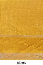 Mustard checked elephant motifs dola silk saree with self zari border and striped pallu