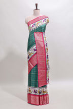 Green checked dola silk saree with contrast zari border and blouse