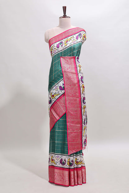 Green checked dola silk saree with contrast zari border and blouse