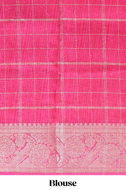 Green checked dola silk saree with contrast zari border and blouse