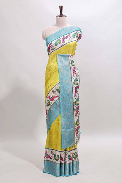Yellow checked dola silk saree with contrast zari border and blouse