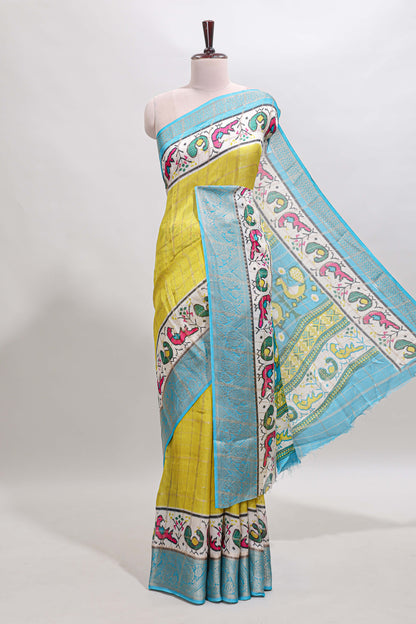 Yellow checked dola silk saree with contrast zari border and blouse
