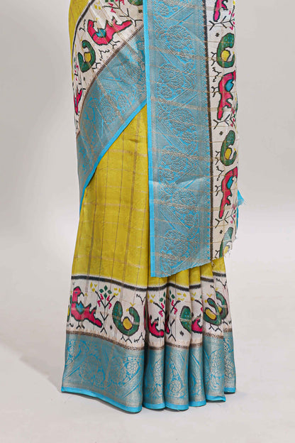 Yellow checked dola silk saree with contrast zari border and blouse