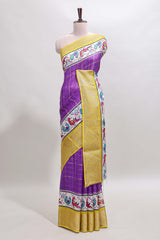 Violet checked dola silk saree with contrast zari border and blouse