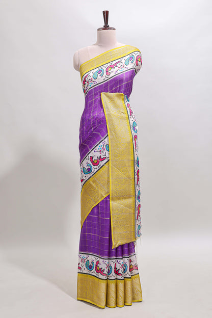 Violet checked dola silk saree with contrast zari border and blouse