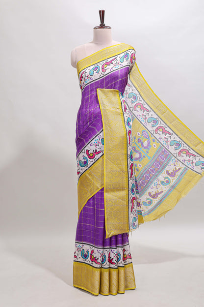 Violet checked dola silk saree with contrast zari border and blouse