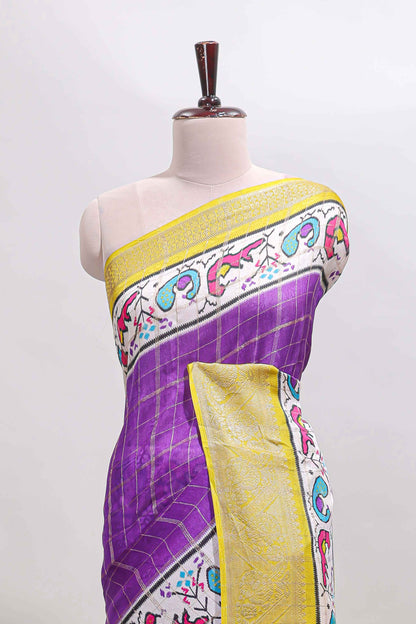 Violet checked dola silk saree with contrast zari border and blouse