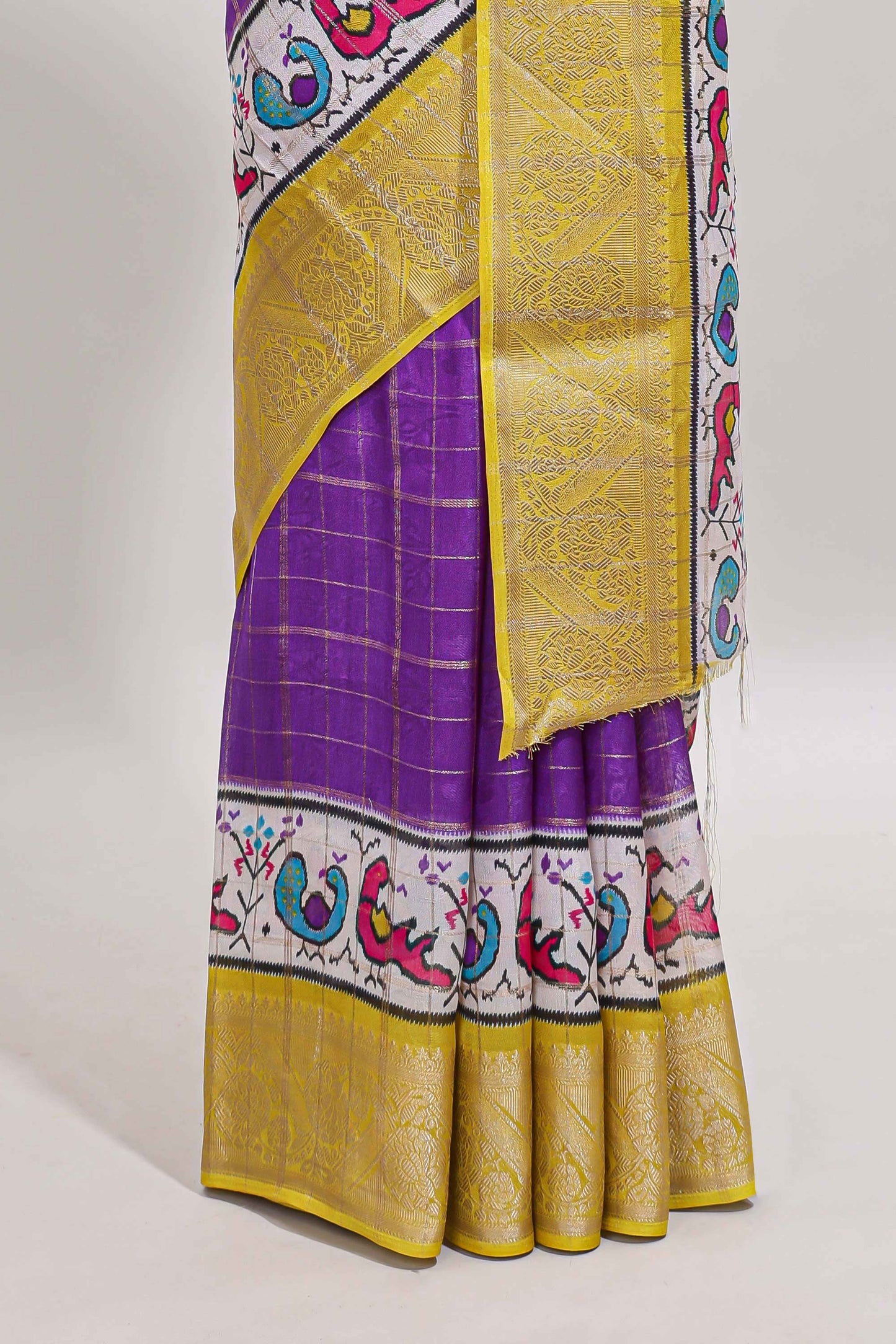 Violet checked dola silk saree with contrast zari border and blouse