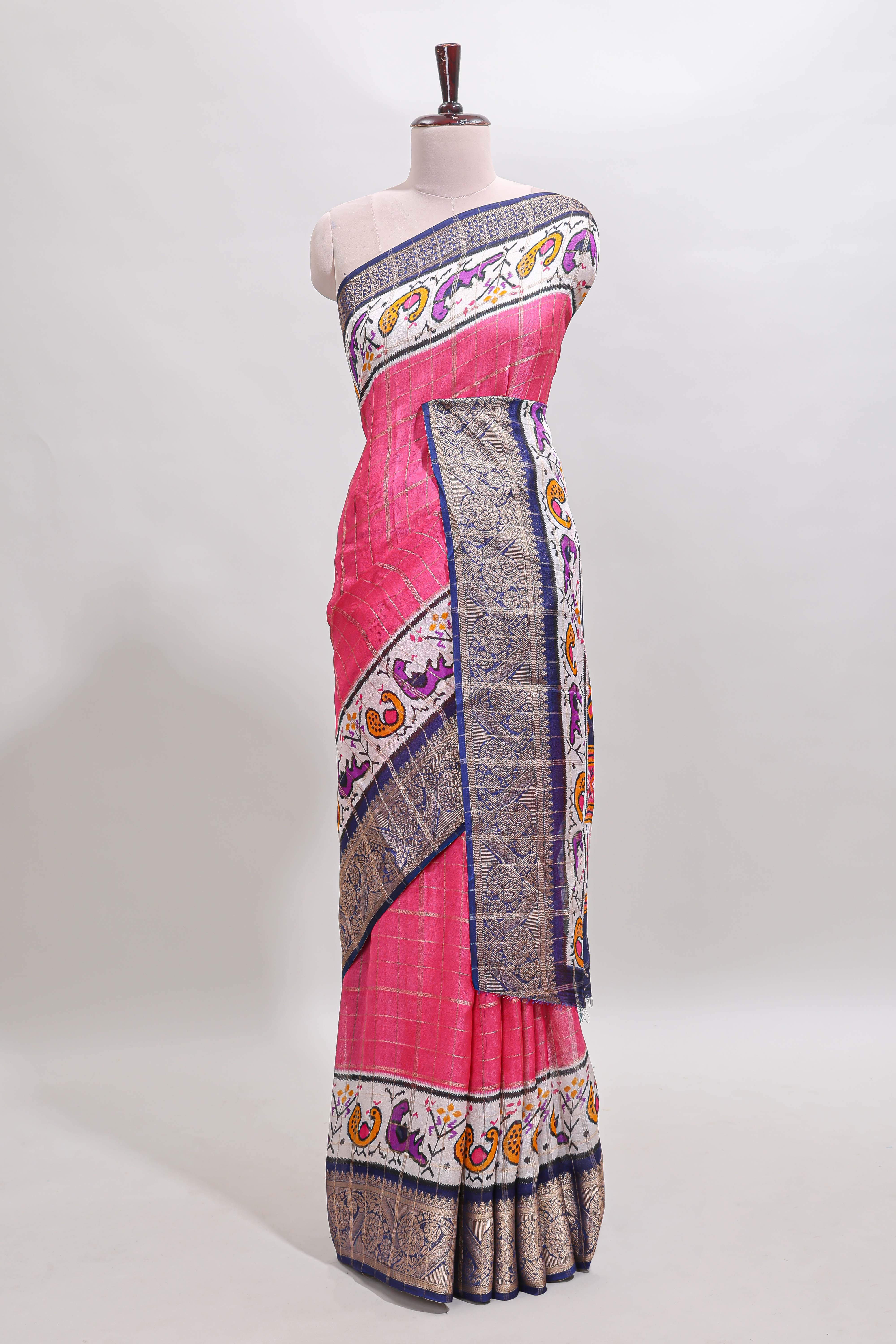 Pink checked dola silk saree with contrast zari border and blouse