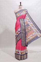 Pink checked dola silk saree with contrast zari border and blouse