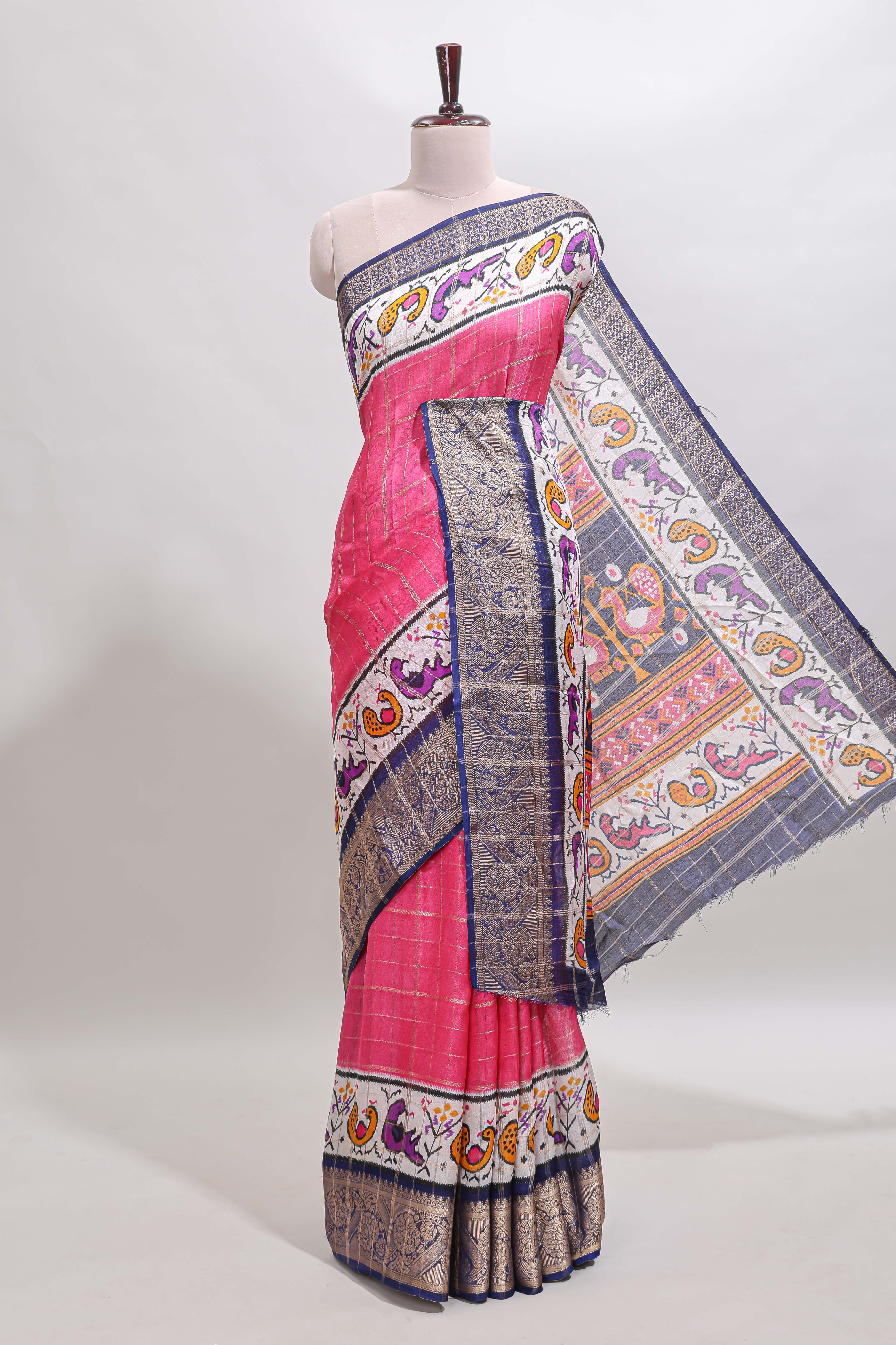 Pink checked dola silk saree with contrast zari border and blouse