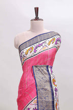 Pink checked dola silk saree with contrast zari border and blouse