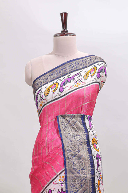 Pink checked dola silk saree with contrast zari border and blouse