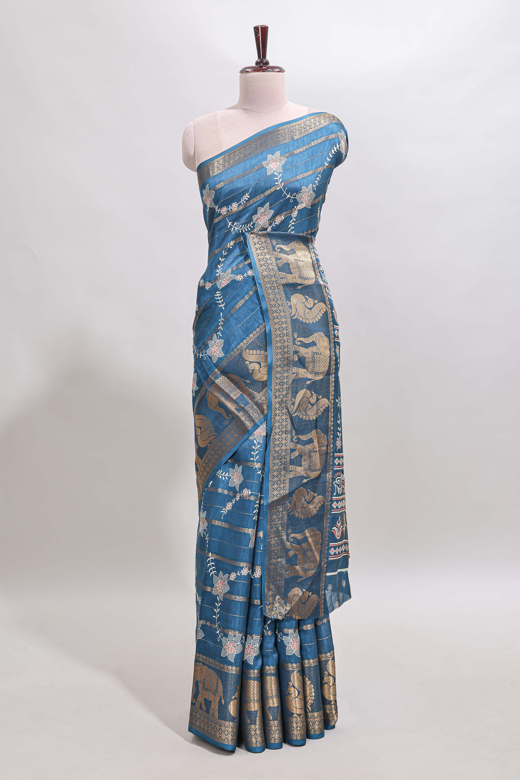 Midnight blue striped floral vine dola silk saree with self zari border and matching blouse