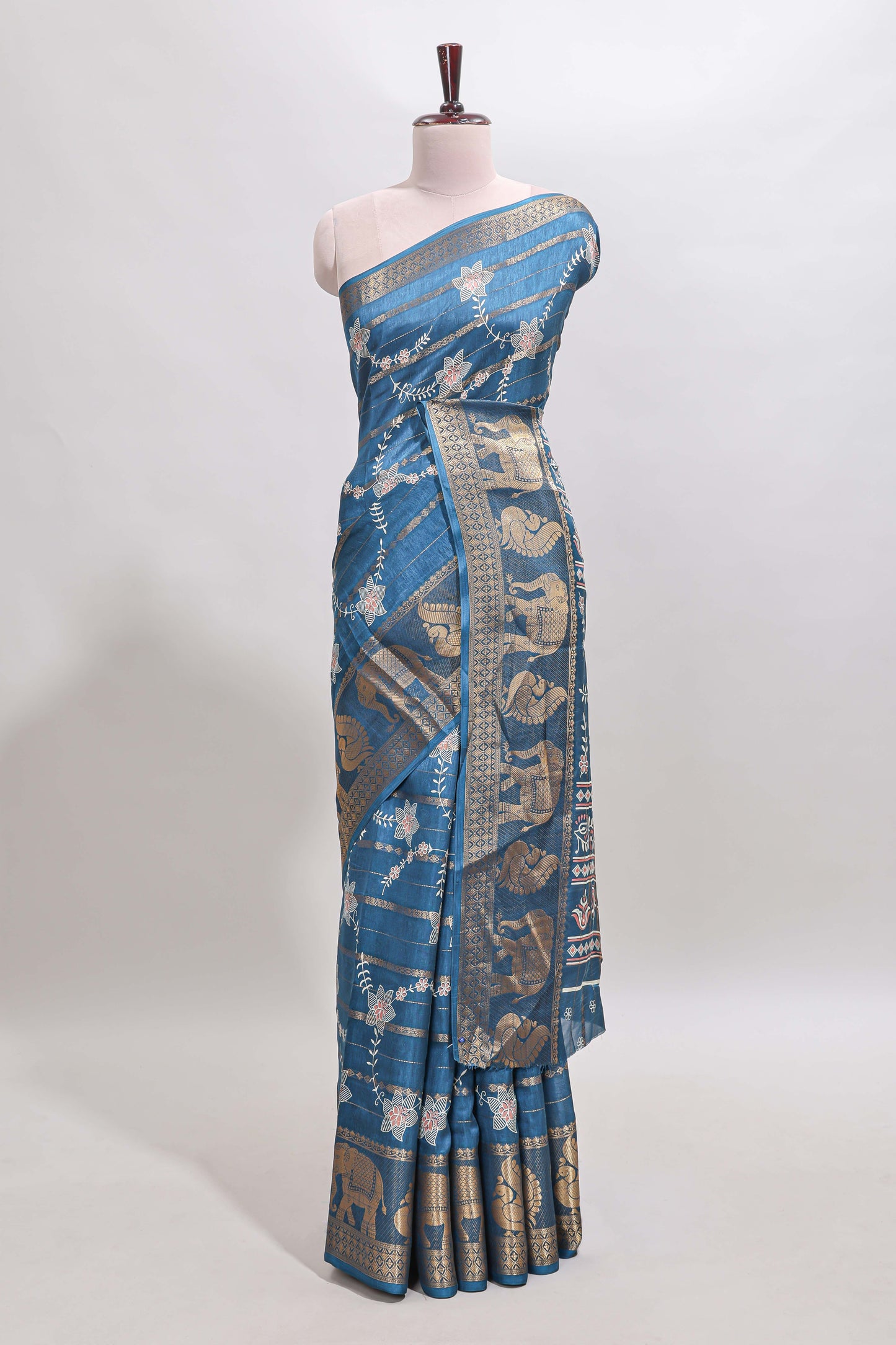 Midnight blue striped floral vine dola silk saree with self zari border and matching blouse