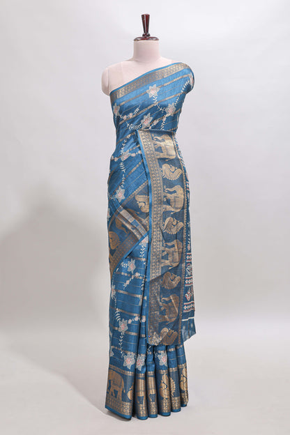 Midnight blue striped floral vine dola silk saree with self zari border and matching blouse