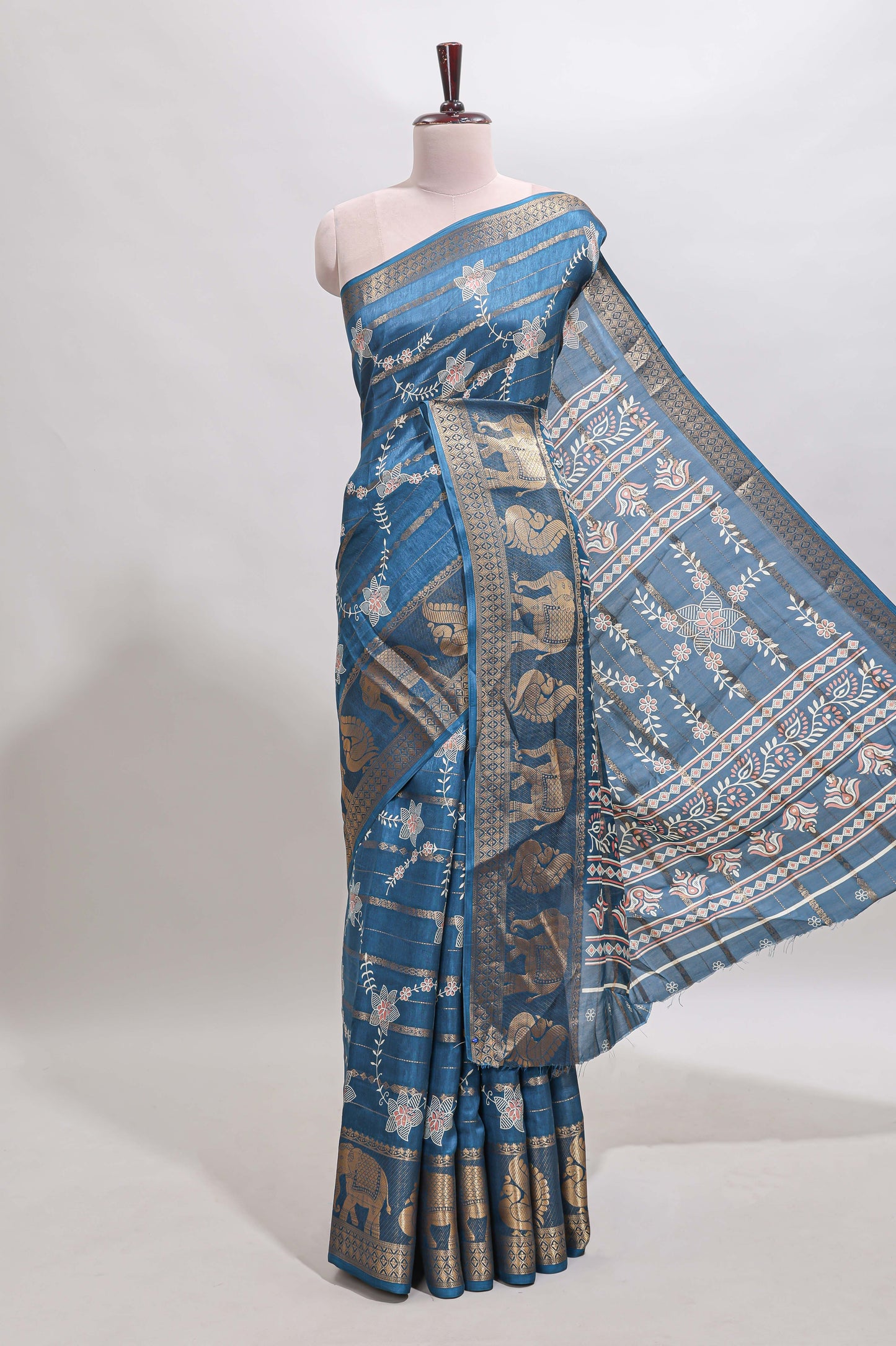 Midnight blue striped floral vine dola silk saree with self zari border and matching blouse