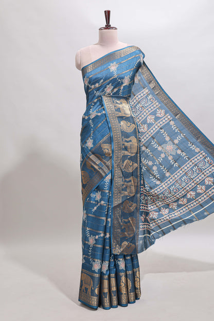 Midnight blue striped floral vine dola silk saree with self zari border and matching blouse