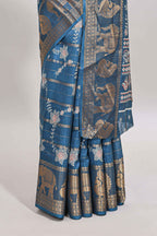 Midnight blue striped floral vine dola silk saree with self zari border and matching blouse