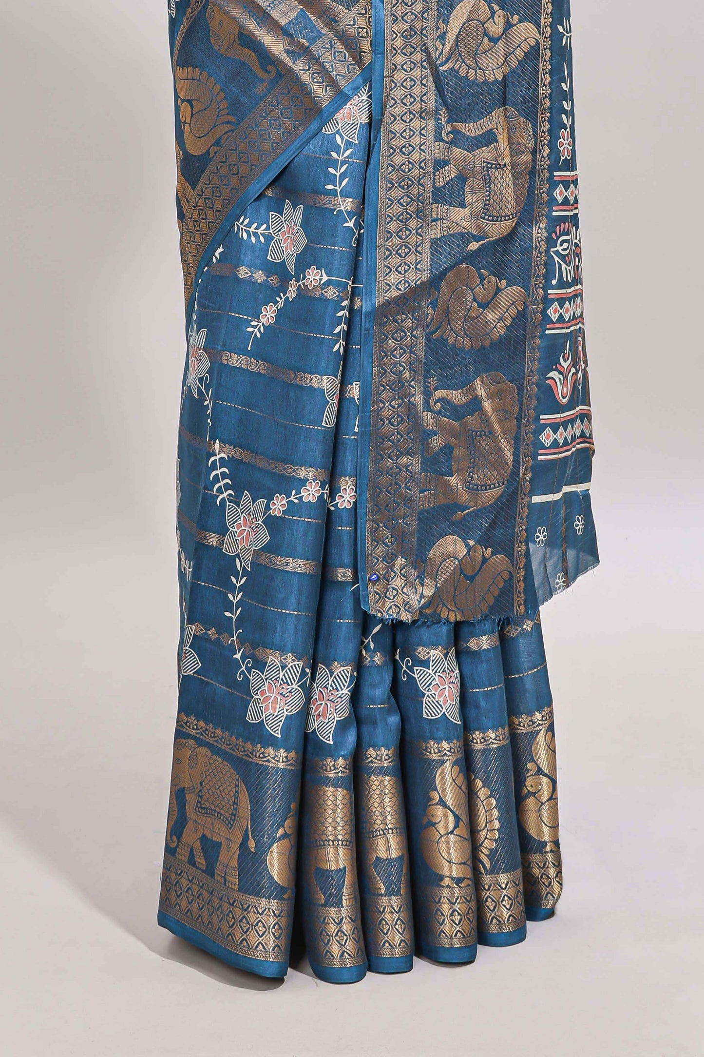 Midnight blue striped floral vine dola silk saree with self zari border and matching blouse
