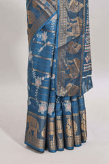 Midnight blue striped floral vine dola silk saree with self zari border and matching blouse