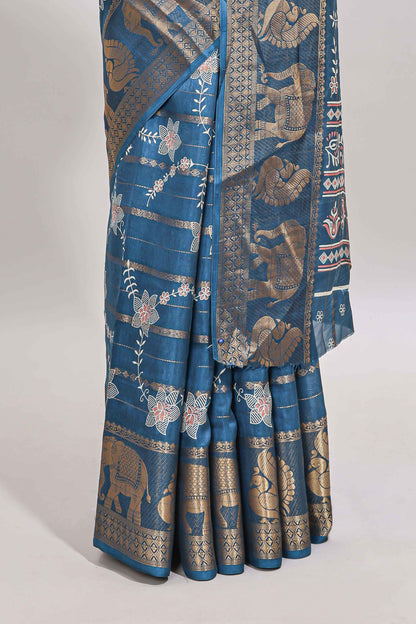 Midnight blue striped floral vine dola silk saree with self zari border and matching blouse