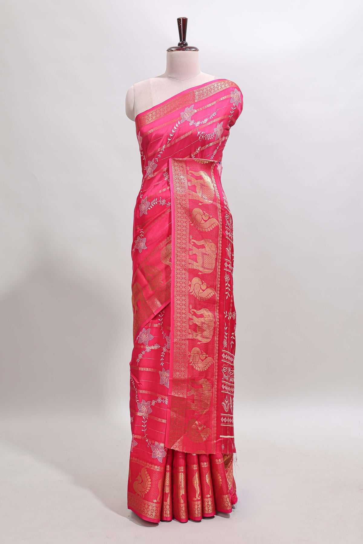 Pink striped floral vine dola silk saree with self zari border and matching blouse