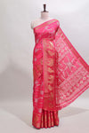 Pink striped floral vine dola silk saree with self zari border and matching blouse