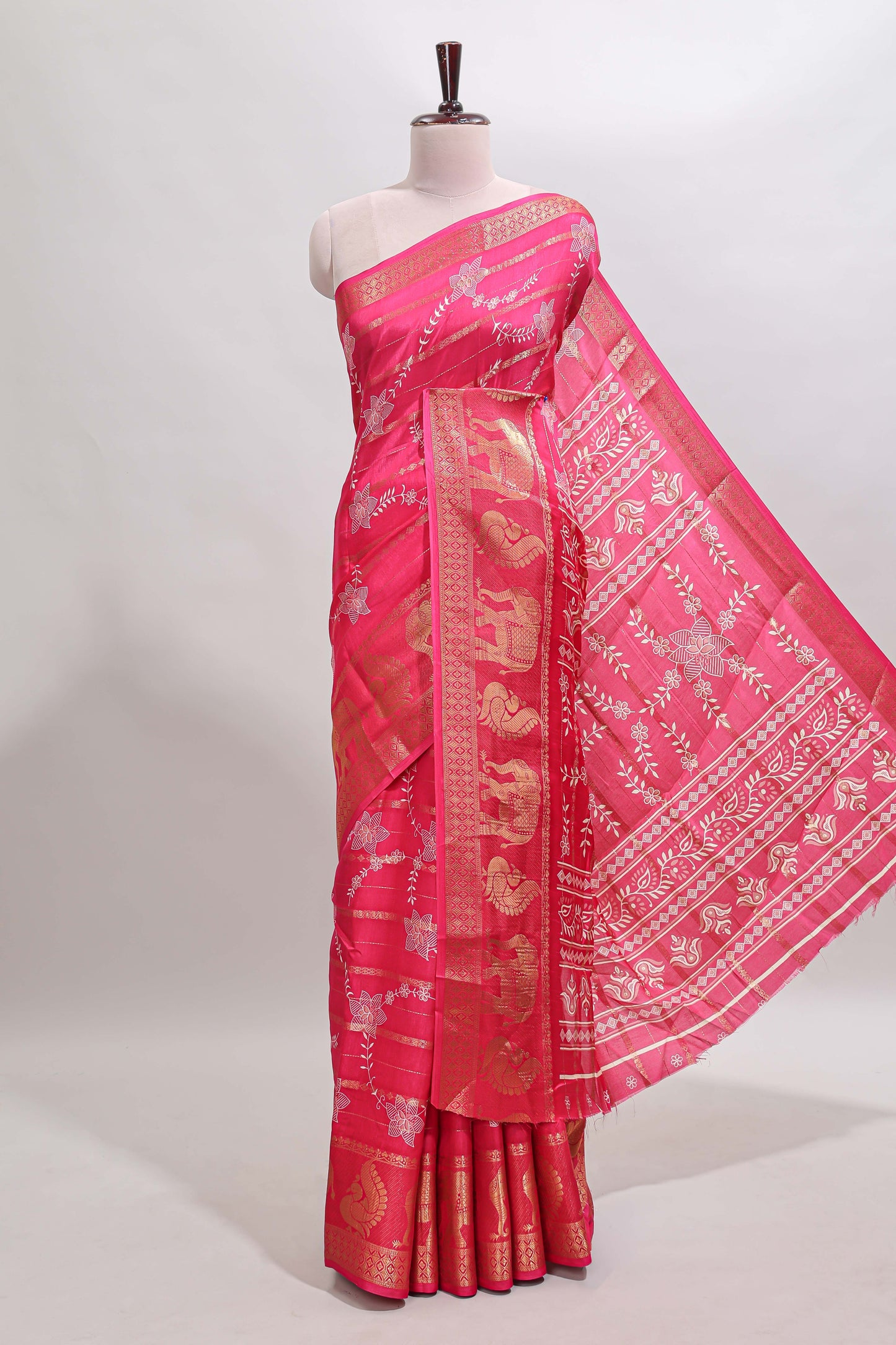 Pink striped floral vine dola silk saree with self zari border and matching blouse