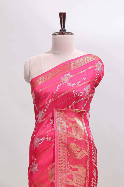 Pink striped floral vine dola silk saree with self zari border and matching blouse