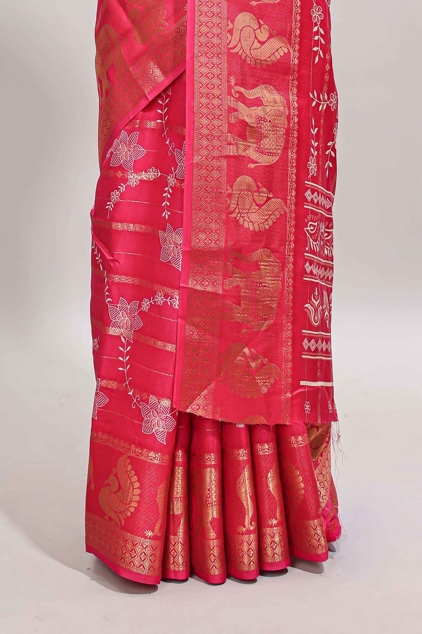 Pink striped floral vine dola silk saree with self zari border and matching blouse