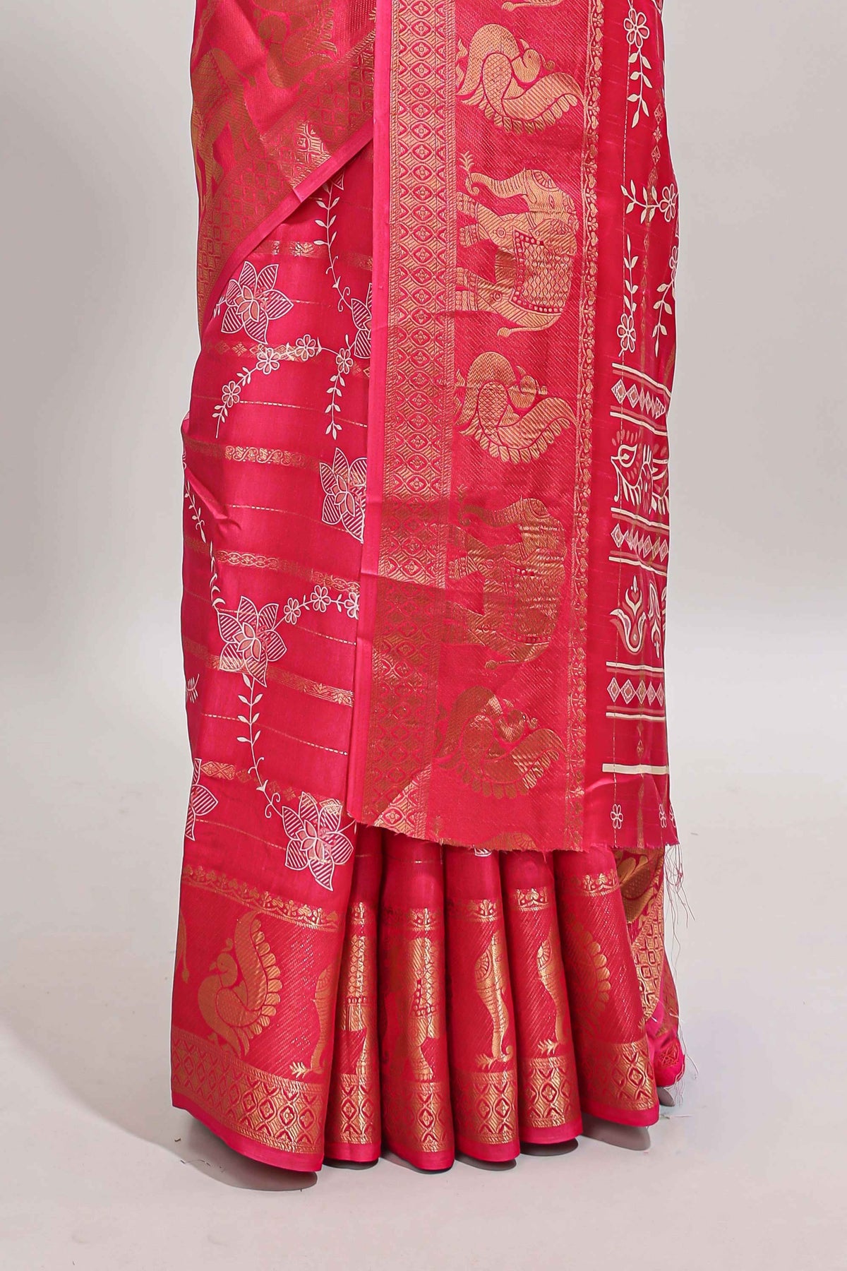 Pink striped floral vine dola silk saree with self zari border and matching blouse