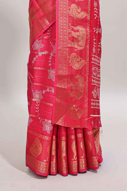 Pink striped floral vine dola silk saree with self zari border and matching blouse