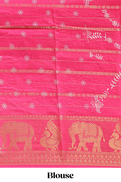 Pink striped floral vine dola silk saree with self zari border and matching blouse