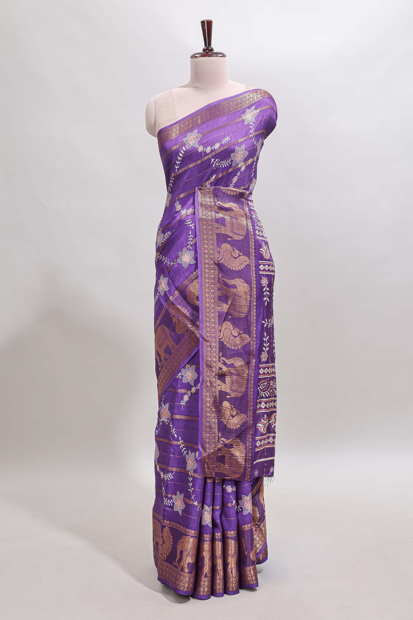 Violet striped floral vine dola silk saree with self zari border and matching blouse