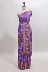 Violet striped floral vine dola silk saree with self zari border and matching blouse