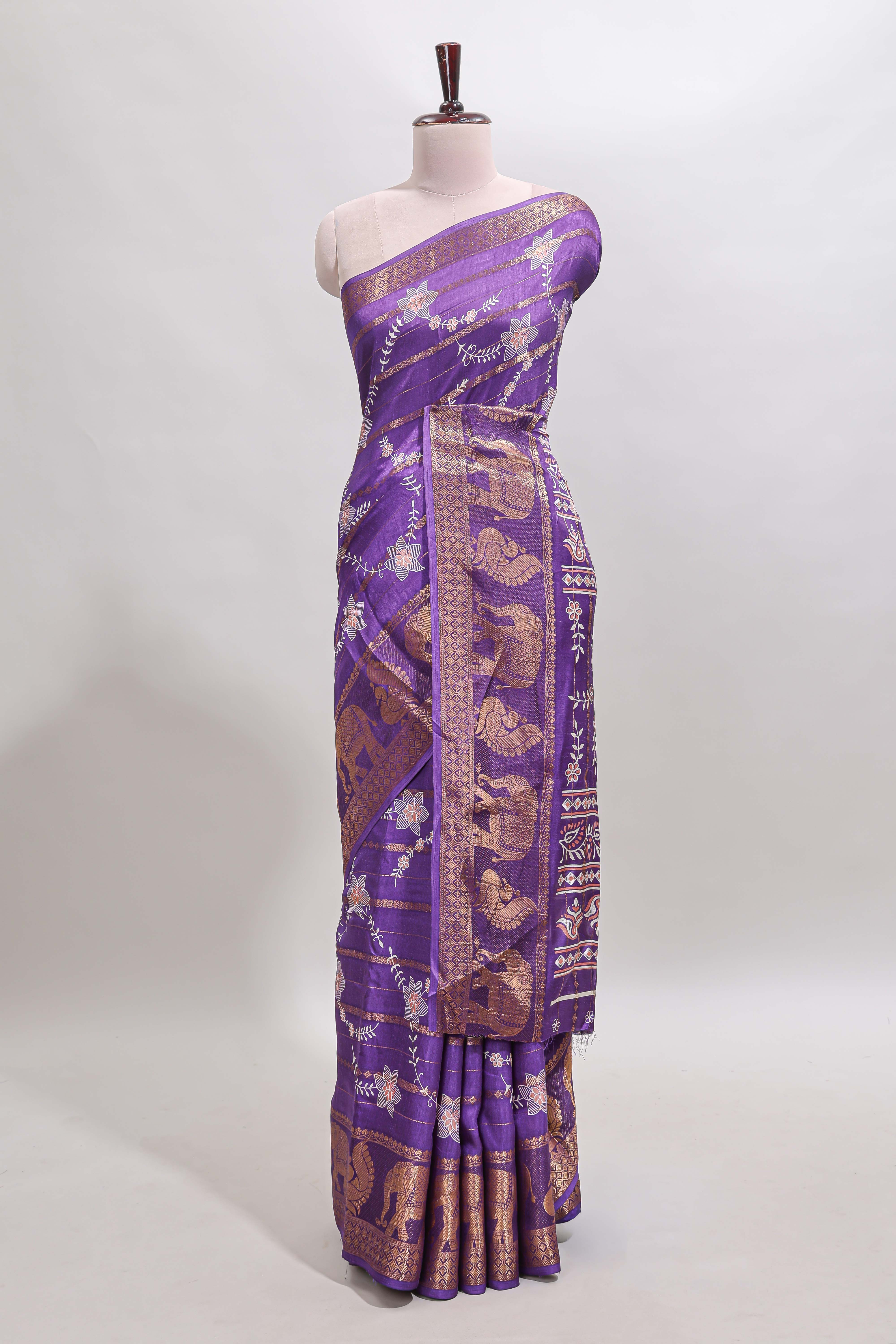 Violet striped floral vine dola silk saree with self zari border and matching blouse