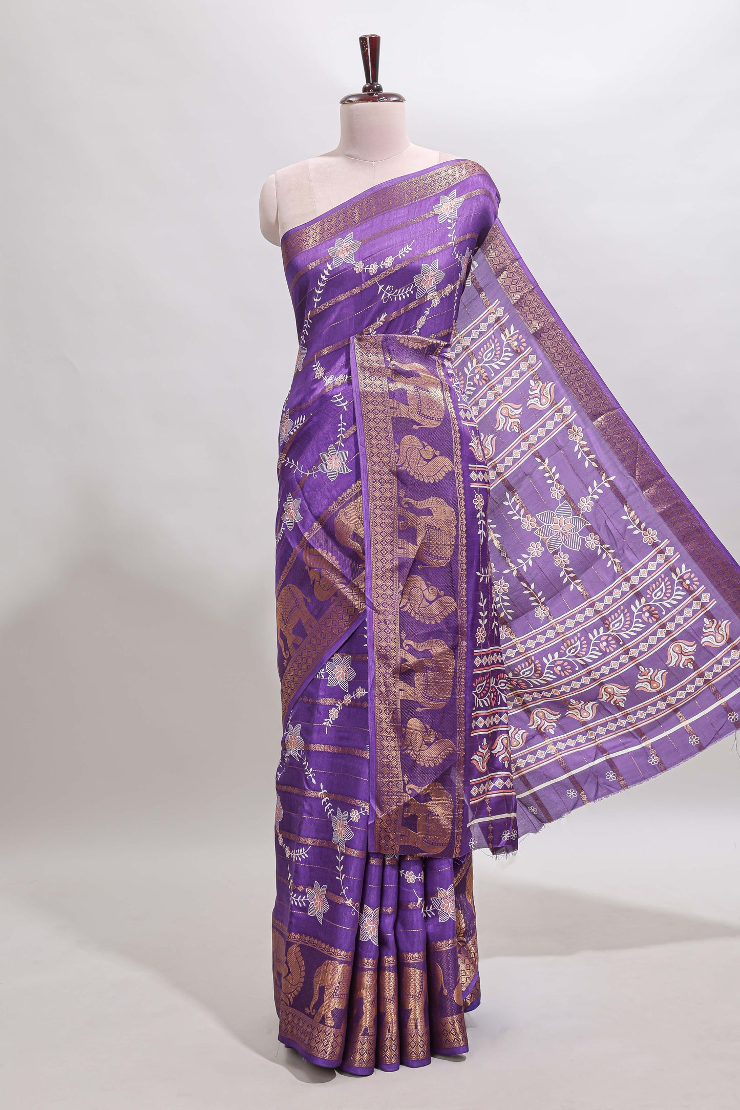 Violet striped floral vine dola silk saree with self zari border and matching blouse