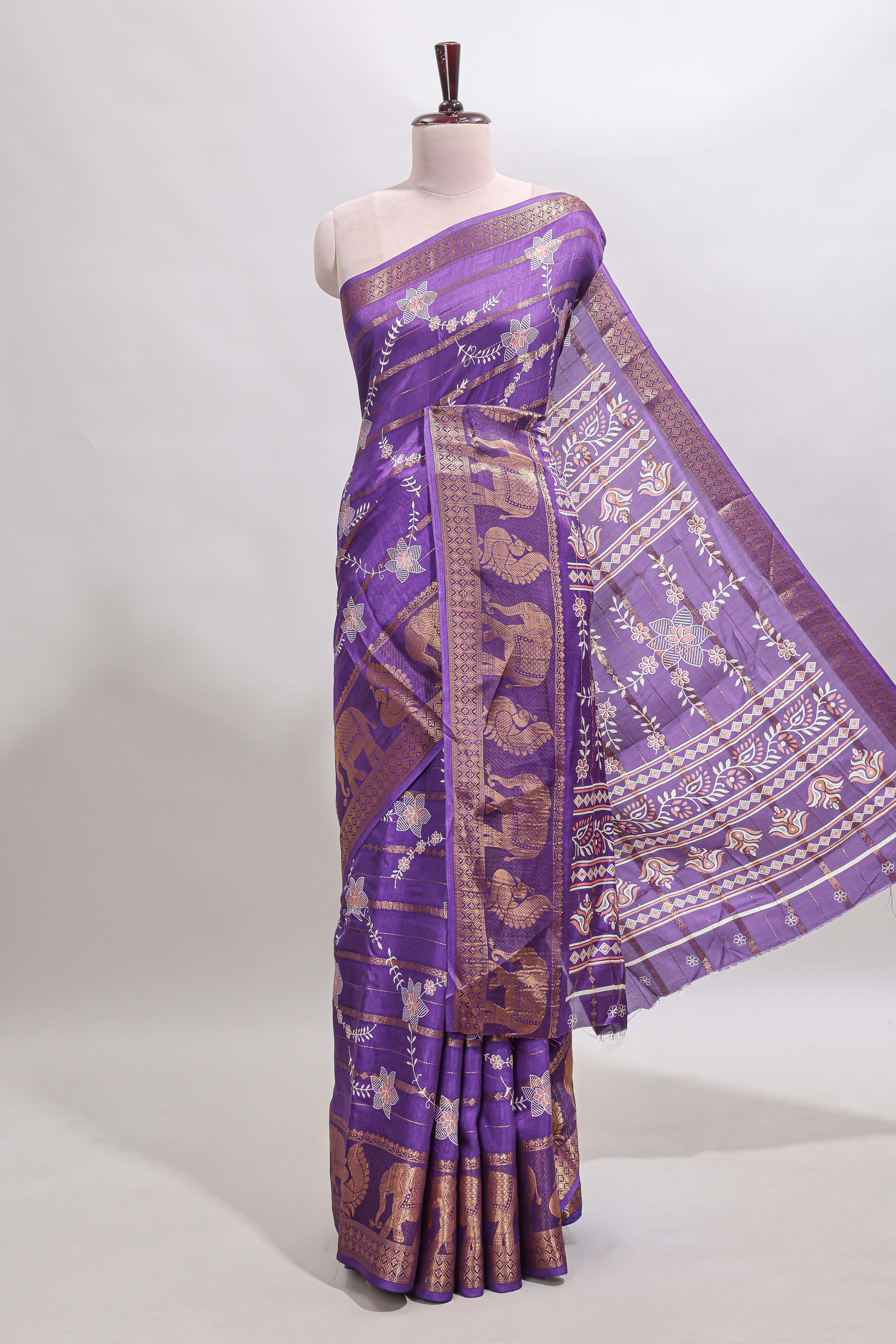 Violet striped floral vine dola silk saree with self zari border and matching blouse