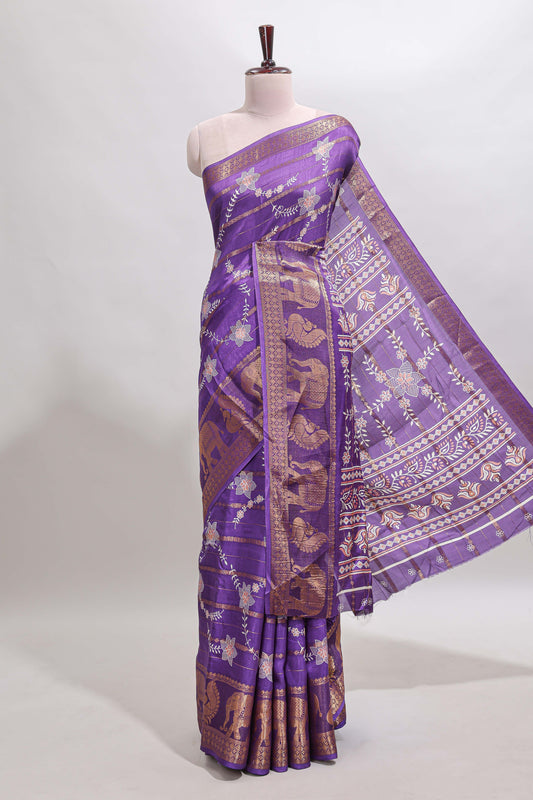 Violet striped floral vine dola silk saree with self zari border and matching blouse