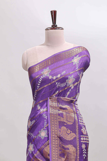 Violet striped floral vine dola silk saree with self zari border and matching blouse