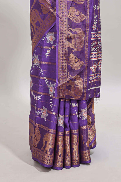 Violet striped floral vine dola silk saree with self zari border and matching blouse