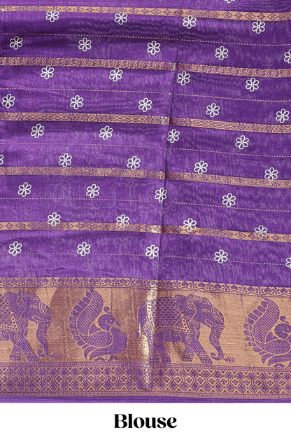 Violet striped floral vine dola silk saree with self zari border and matching blouse