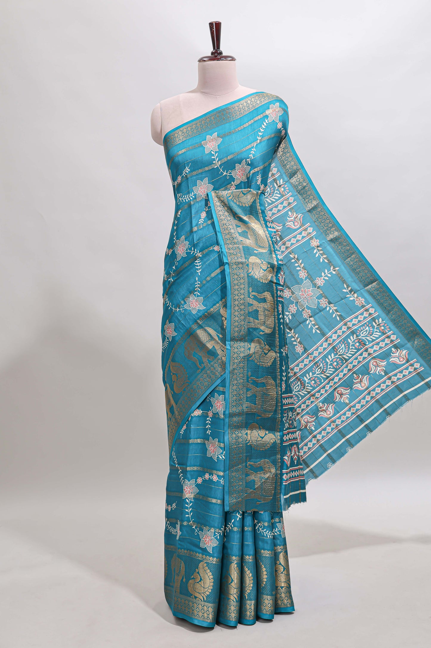 Midnight green striped floral vine dola silk saree with self zari border and matching blouse