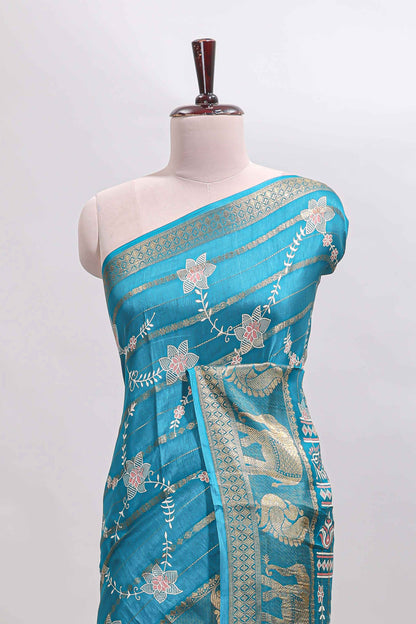 Midnight green striped floral vine dola silk saree with self zari border and matching blouse