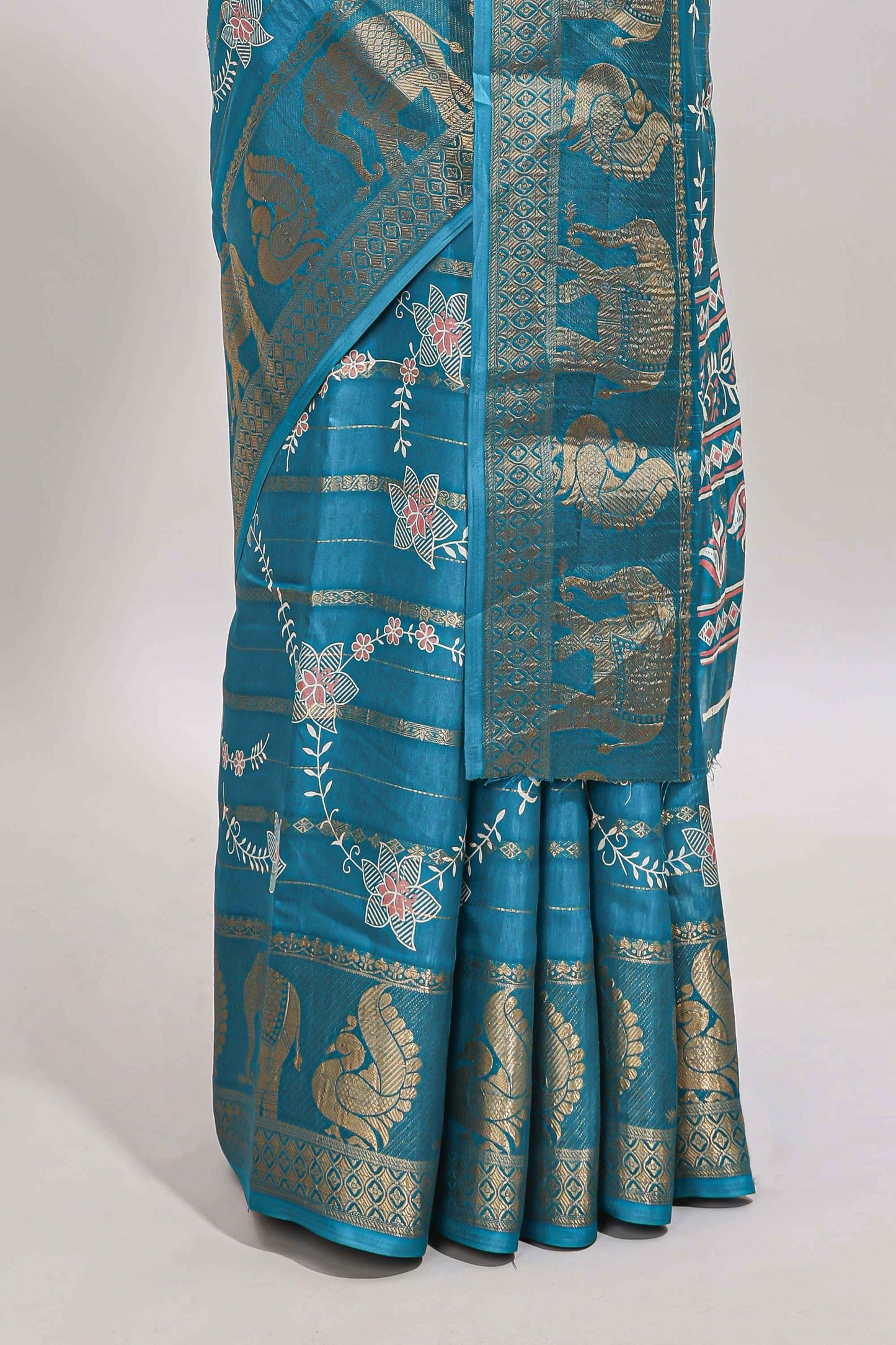 Midnight green striped floral vine dola silk saree with self zari border and matching blouse