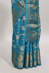 Midnight green striped floral vine dola silk saree with self zari border and matching blouse