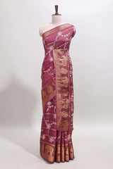 Maroon striped floral vine dola silk saree with self zari border and matching blouse