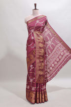 Maroon striped floral vine dola silk saree with self zari border and matching blouse