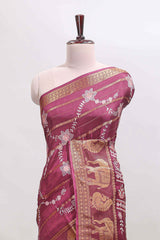 Maroon striped floral vine dola silk saree with self zari border and matching blouse